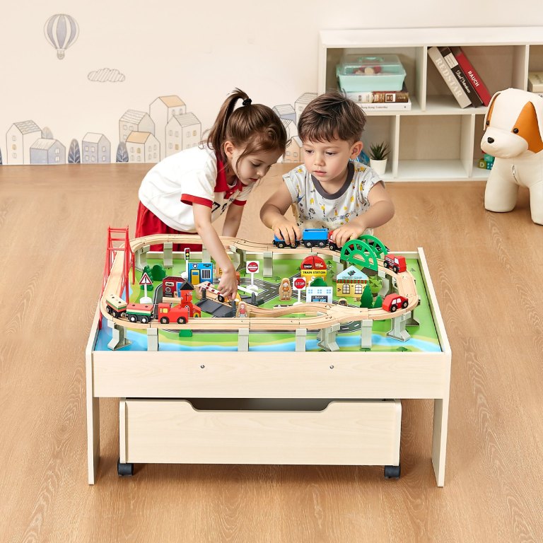 vevor train table 100 pcs wooden kids activity table with rolling storage drawer vevor train table 100 pcs wooden kids activity table with rolling storage drawer