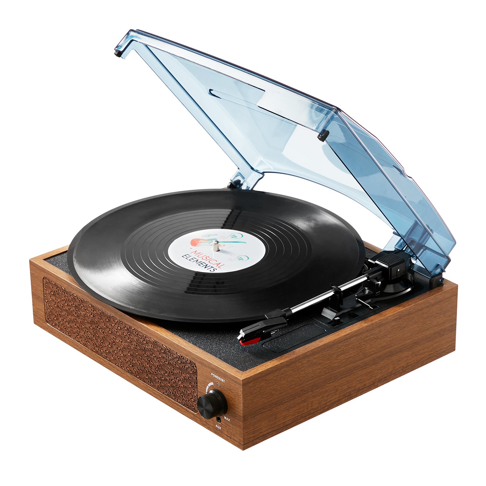 Wooden turntable playing vinyl record with clear lid.