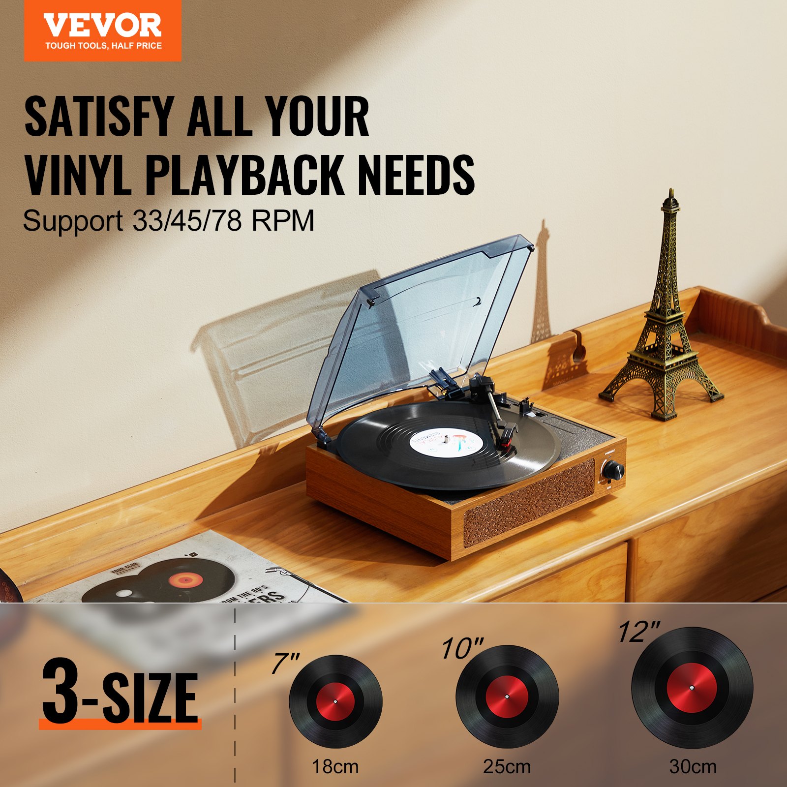 Turntable with vinyl records, 3 sizes available.