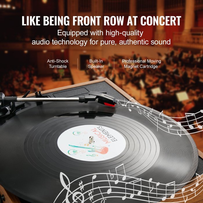 Turntable with music notes and concert background.