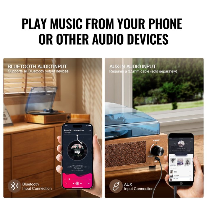 Bluetooth and AUX connectivity options for audio devices.