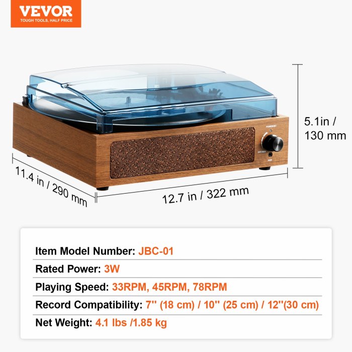 Vevor JBC-01 record player dimensions and features.