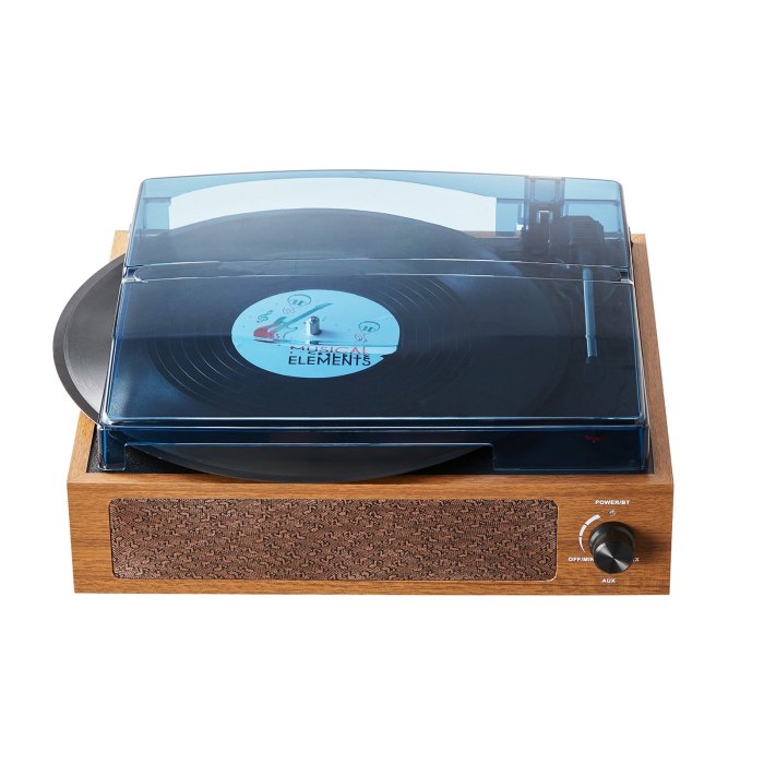 Vintage turntable playing a vinyl record.