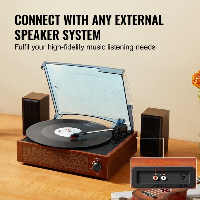 Turntable with external speaker connection capability.