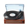 Vintage wooden turntable with vinyl record playing.