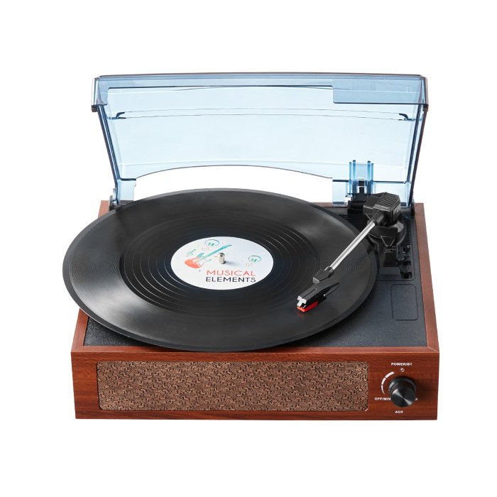 Vintage wooden turntable with vinyl record playing.