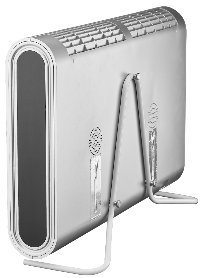 air purifier two way (wall mounted or desktop) Side view of grey electric heater on stand.