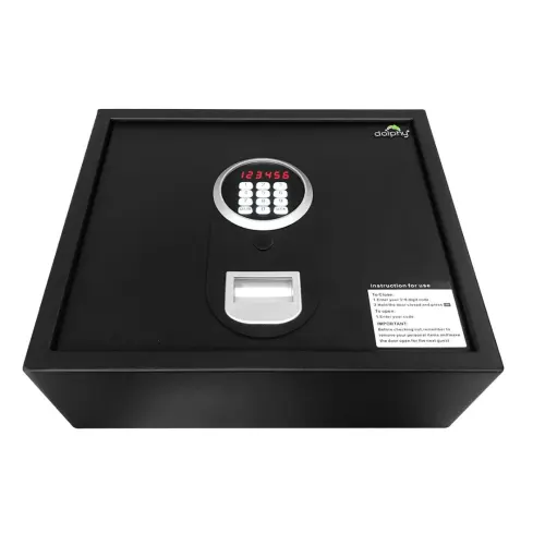 Black digital safe with keypad and fingerprint scanner.
