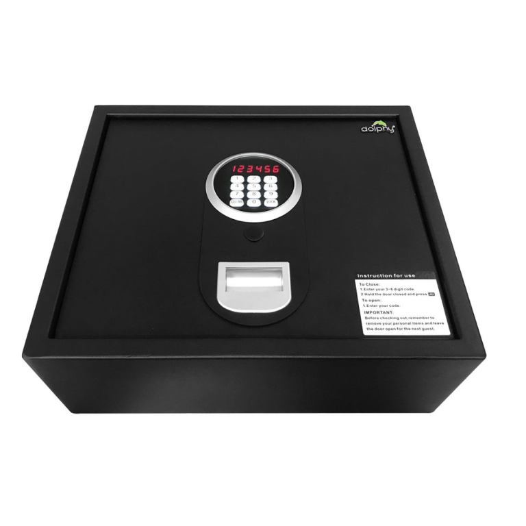Black digital safe with keypad and fingerprint scanner.