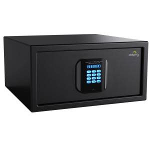 Black electronic safe with keypad lock system.