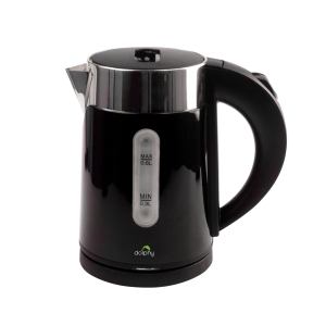Black electric kettle with water level indicator.