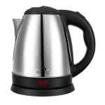 Stainless steel electric kettle with black handle.