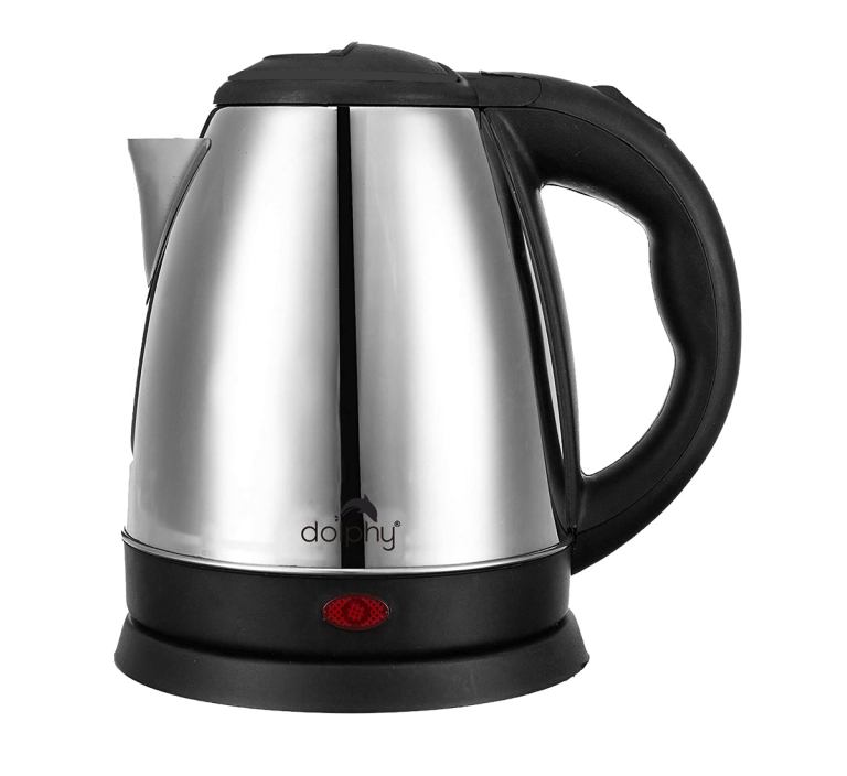 Stainless steel electric kettle with black handle.