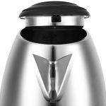 Open stainless steel kettle with lid partially on.