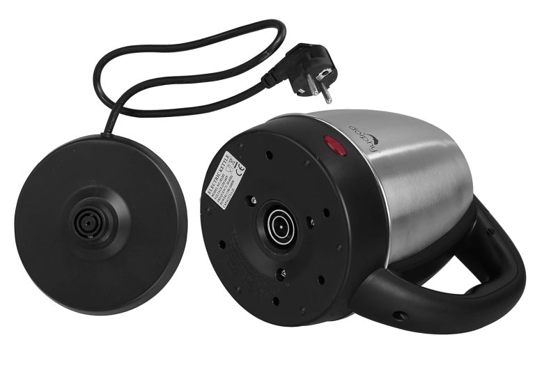 Bottom view of electric kettle with base and plug.