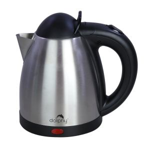 Stainless steel electric kettle with black handle.