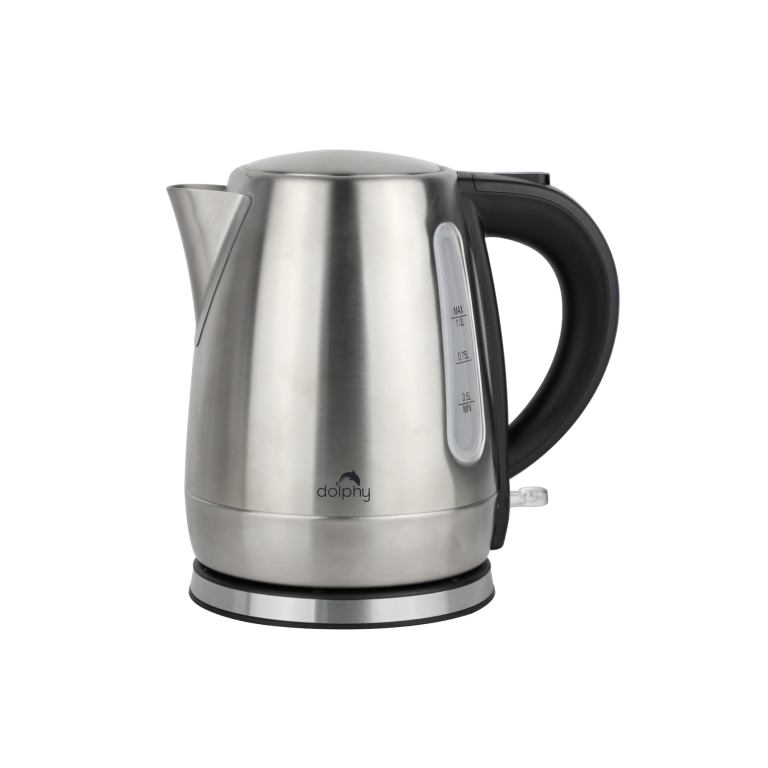 Stainless steel electric kettle on white background.