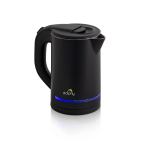 Black electric kettle with blue LED light.