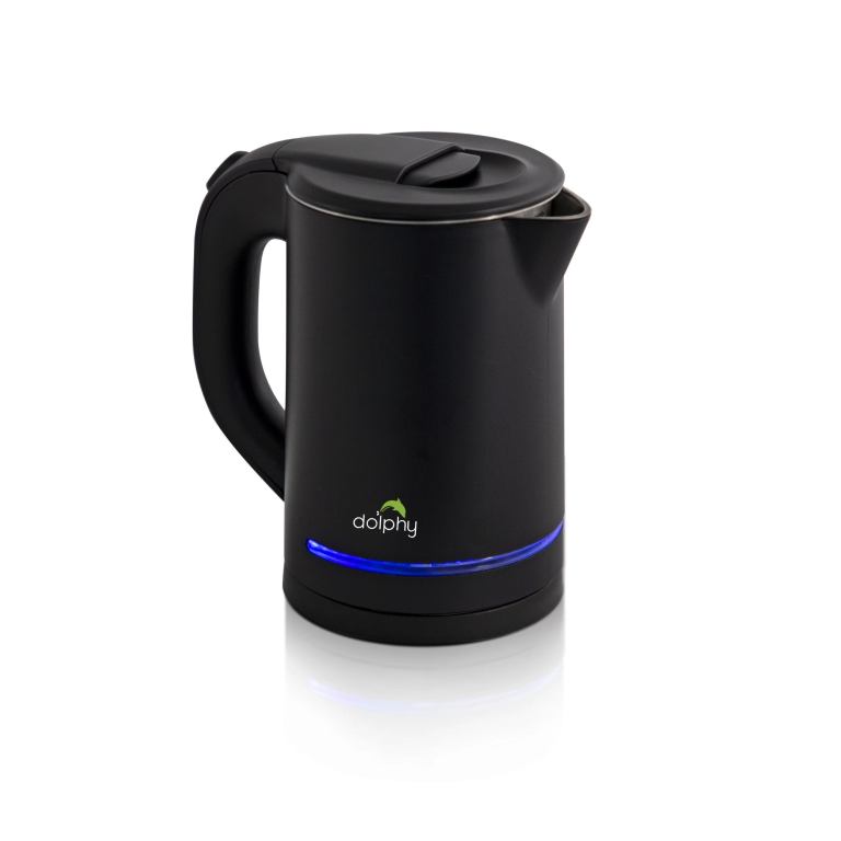 Black electric kettle with blue LED light.