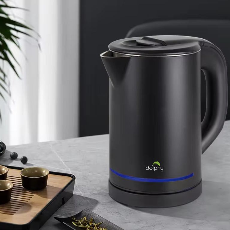 Black electric kettle on kitchen bench.