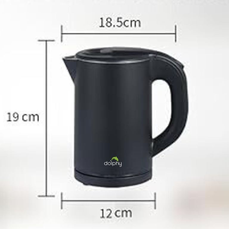 Black electric kettle with dimensions.