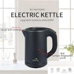Black electric kettle for hotels, stainless steel, safe design.