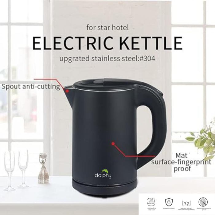 Black electric kettle for hotels, stainless steel, safe design.
