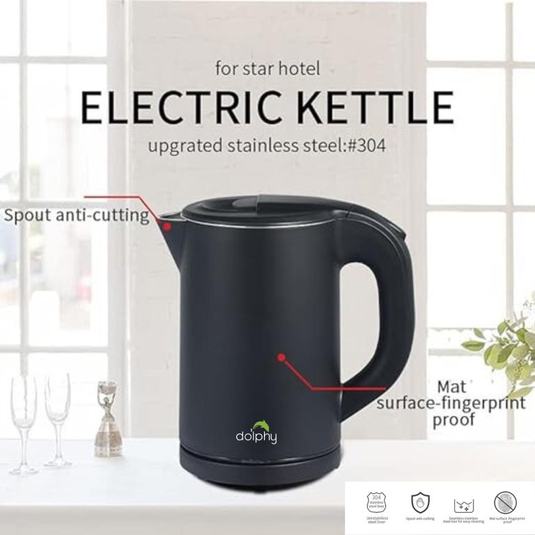 Black electric kettle for hotels, stainless steel, safe design.