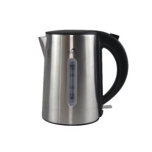 Stainless steel electric kettle with water level indicator.