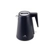Black electric kettle with silver spout and handle.