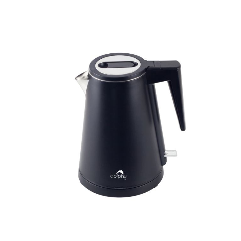 Black electric kettle with silver spout and handle.