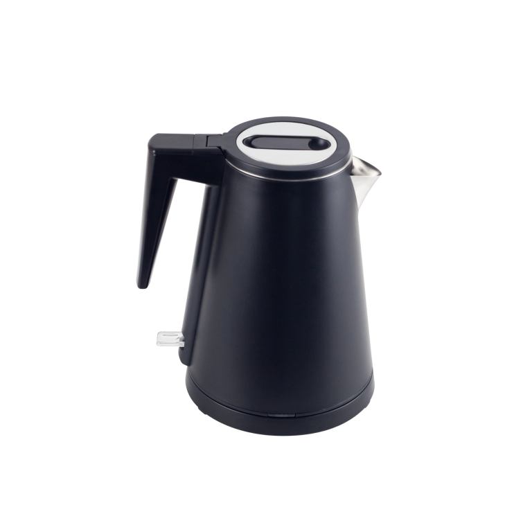 Sleek modern black electric kettle with handle.