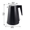 Black electric kettle with size dimensions.