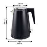 Black electric kettle with size dimensions.