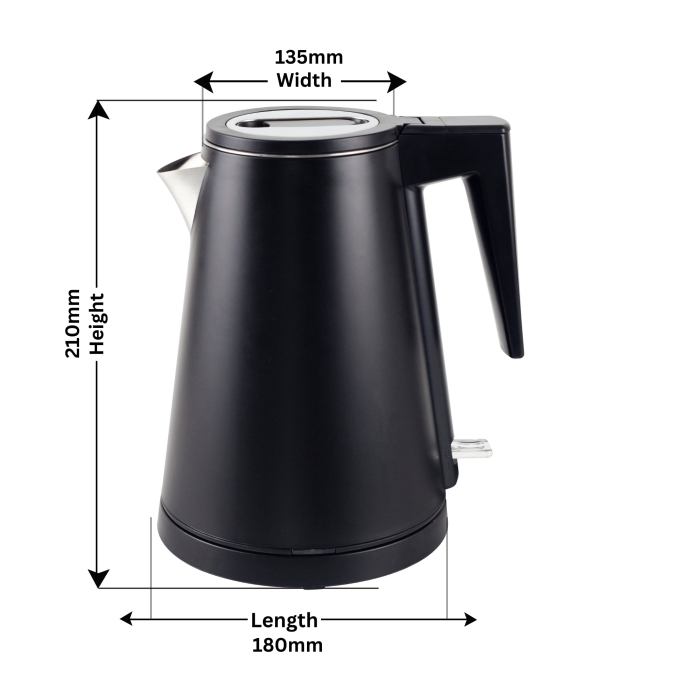 Black electric kettle with size dimensions.