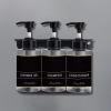 liquid soap dispenser 300ml x 3 transparent Black shower gel, shampoo, conditioner bottles on rack.