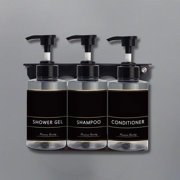liquid soap dispenser 300ml x 3 transparent Black shower gel, shampoo, conditioner bottles on rack.