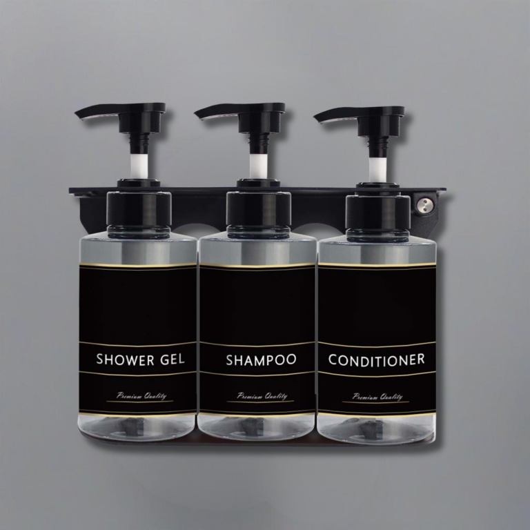 liquid soap dispenser 300ml x 3 transparent Black shower gel, shampoo, conditioner bottles on rack.