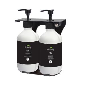 Dual bottle shampoo dispenser on wall mount.