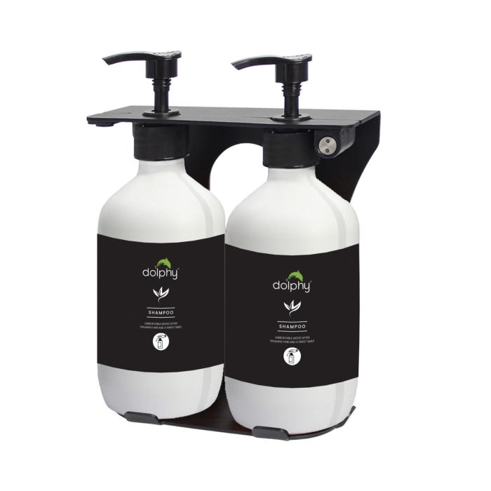Dual bottle shampoo dispenser on wall mount.