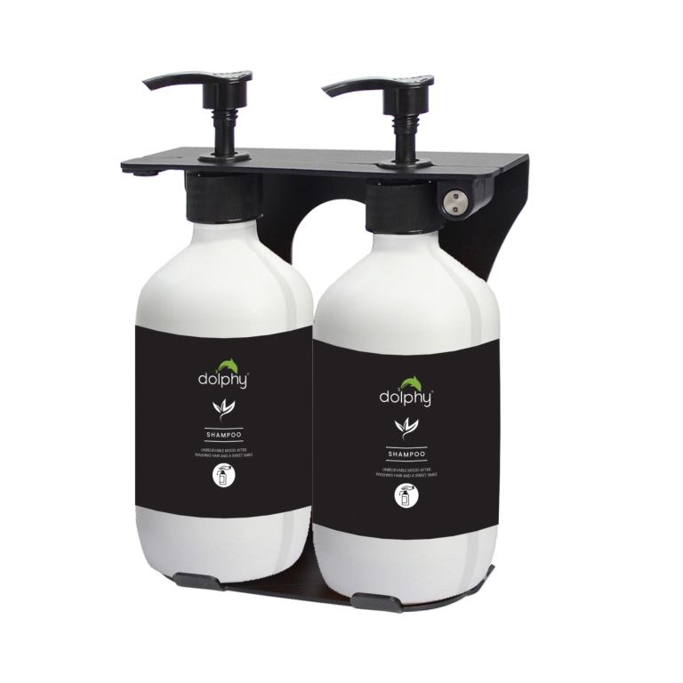 v959 dsdr0155 202507050140 00.jpg Dual bottle shampoo dispenser on wall mount.