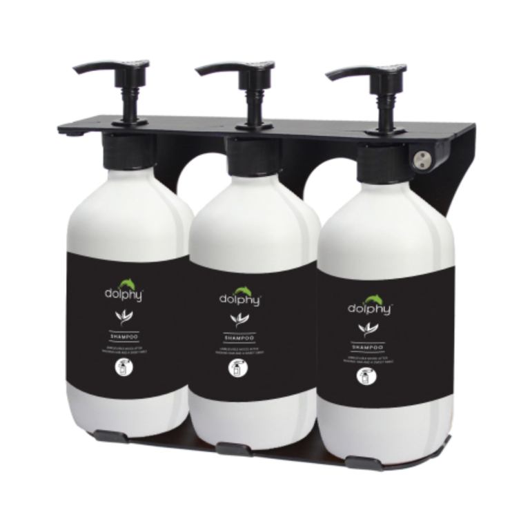 v959 dsdr0156 202507030936 00.jpg Three bottle shampoo dispenser with pump tops.
