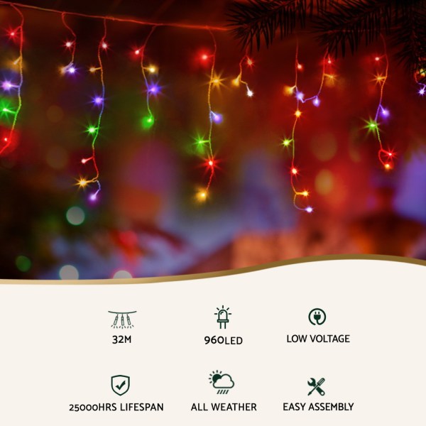 Colourful LED Christmas lights hanging on tree.