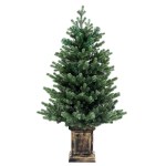 xm tr 4ft gr led pot 202508271806 00.jpg Artificial Christmas tree in wooden planter.