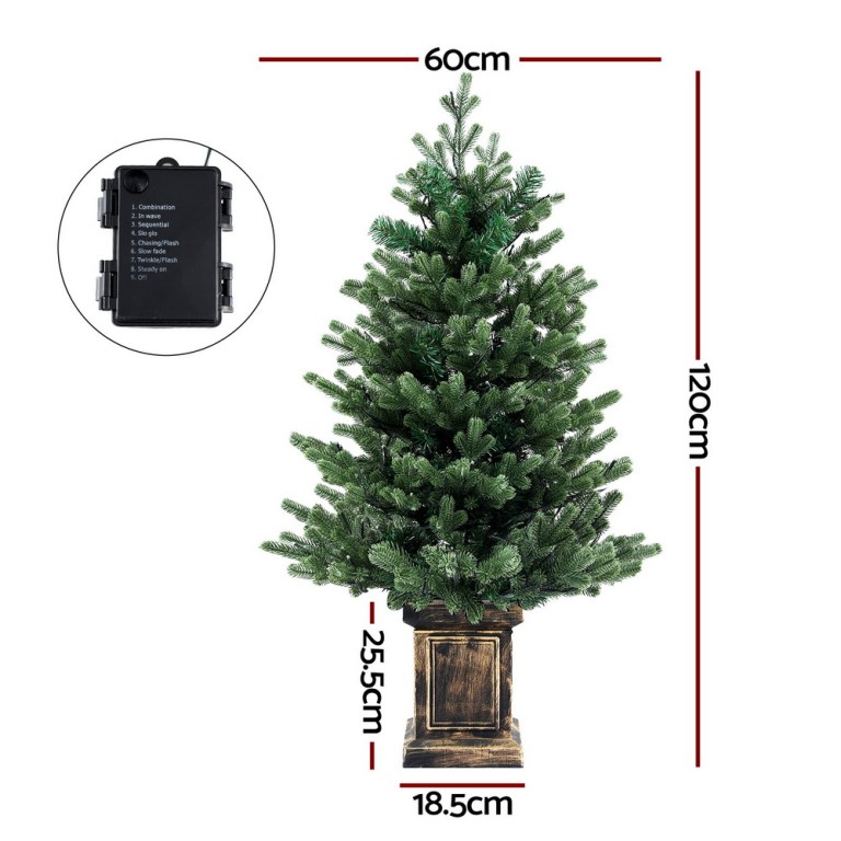 jingle jollys christmas tree 1.2m led potted xmas tree party decor 8 light modes Artificial Christmas tree with dimensions and control box.
