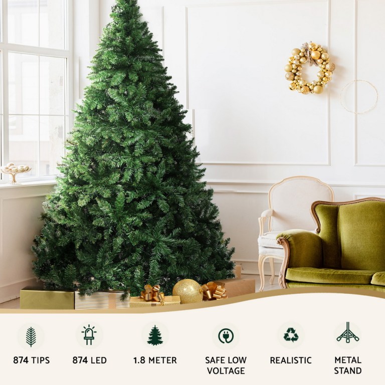 jingle jollys christmas tree 1.8m led xmas tree decorations 874 tips Artificial Christmas tree with LED lights in living room.