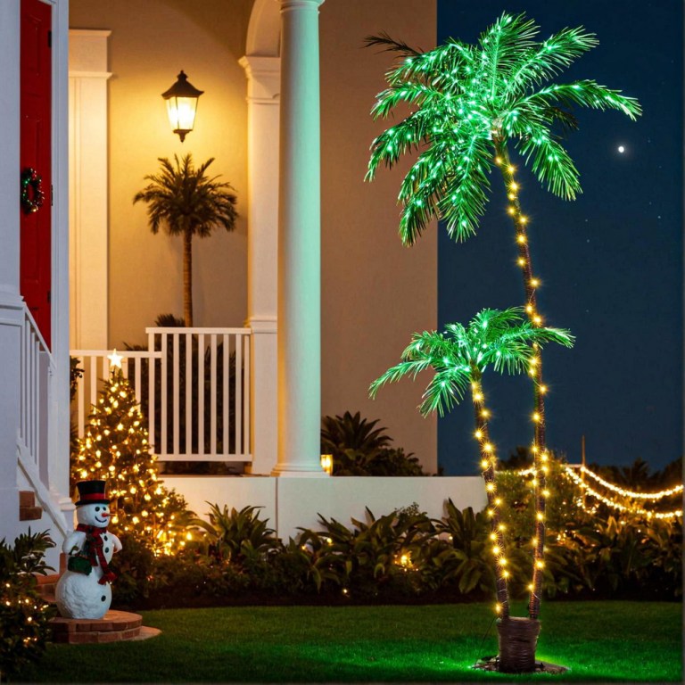 Festive outdoor decoration with lights and snowman.