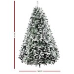 jingle jollys christmas tree 2.4m xmas tree decorations snow flocked 1500 tips Snow-covered green artificial Christmas tree, 240cm tall.