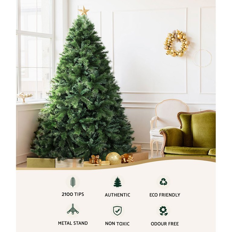 jingle jollys christmas tree 2.4m xmas tree decorations pine needles 2100 tips Eco-friendly artificial Christmas tree in elegant room.
