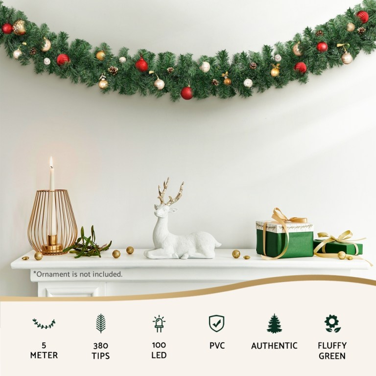 jingle jollys 5m christmas garland led lights party xmas decorations 380 tips Decorative Christmas garland with ornaments and presents.